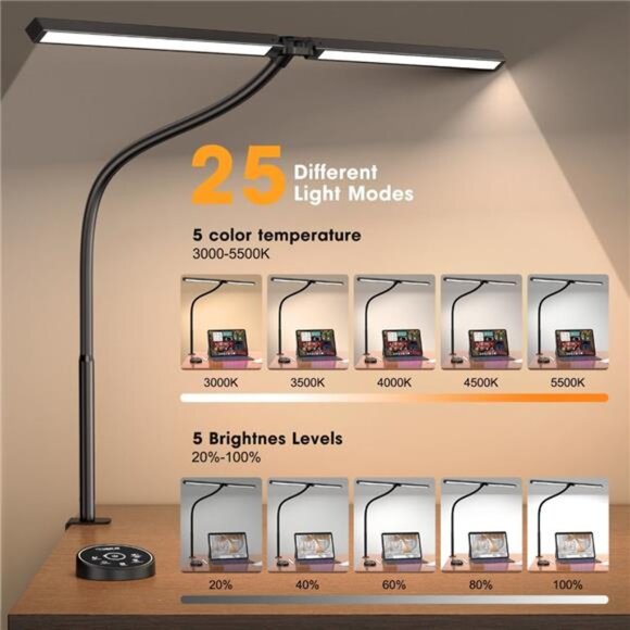 Led Desk Lamp for Office Home - Eye Caring Architect lamp with Clamp,Dual - Picture 3 of 7